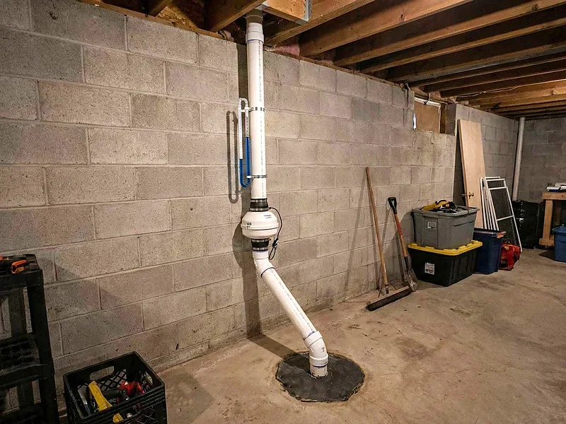 Radon mitigation system in an unfinished basement