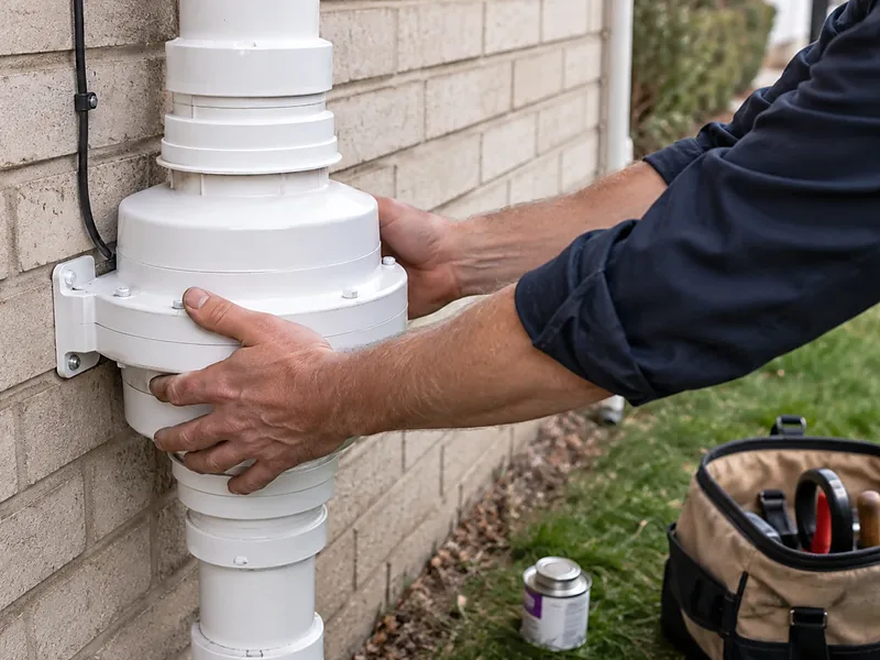 Technician servicing an exterior radon fan