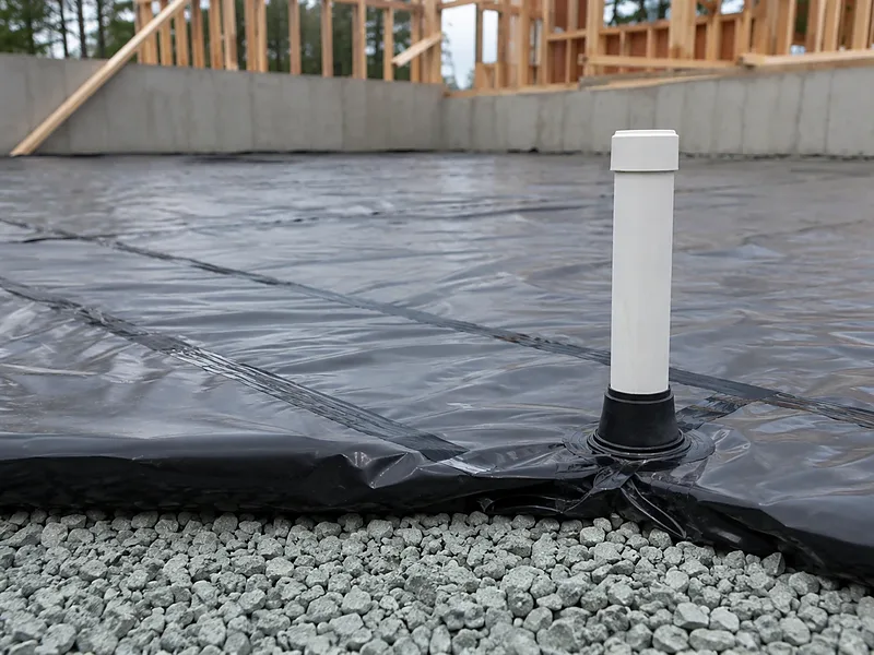 Radon rough-in vent stub in a new-construction vapor barrier